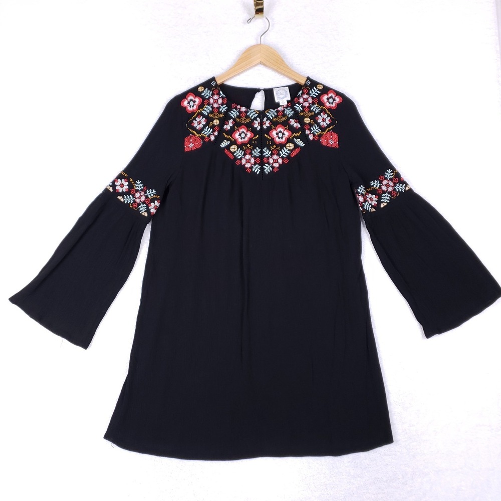 Blue Rain Embroidered Boho Tunic Dress Black Multicolor Bell Sleeve Size Small